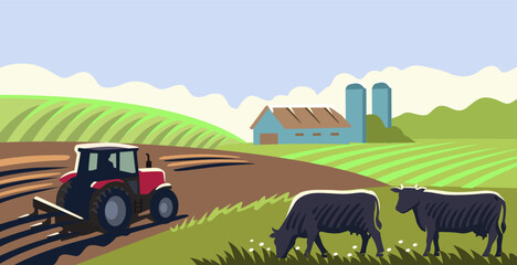 Rural landscape with tractor and cows. Agriculture