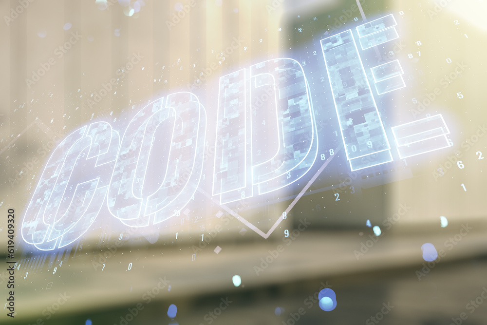 Aufkleber code word hologram on modern business center exterior background, artificial intelligence and neural