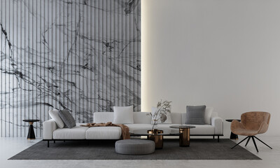 Modern cozy living room and white marble wall texture background interior design / 3D rendering.