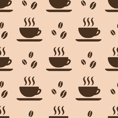 Brown coffee cups on beige background vector seamless pattern. Best for textile, cafe decor, wallpapers, wrapping paper, package and web design.