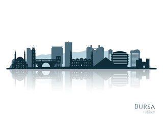 Naklejka premium Bursa skyline silhouette with reflection. Landscape Bursa, Turkey. Vector illustration.