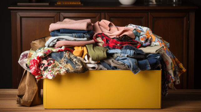 Cardboard box with second-hand clothes. Donation, reuse.