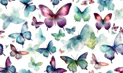  a watercolor painting of many different butterflies on a white background.  generative ai