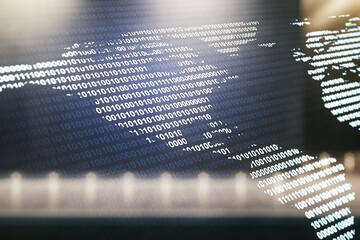 Digital map of North America hologram on blurry contemporary office building background, global technology concept. Multiexposure