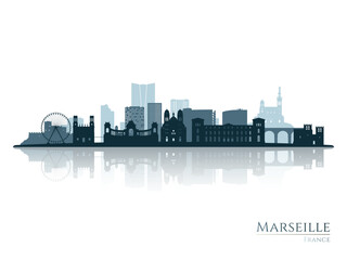 Obraz premium Marseille skyline silhouette with reflection. Landscape Marseille, France. Vector illustration.