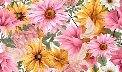  a bunch of pink and yellow flowers on a white background.  generative ai