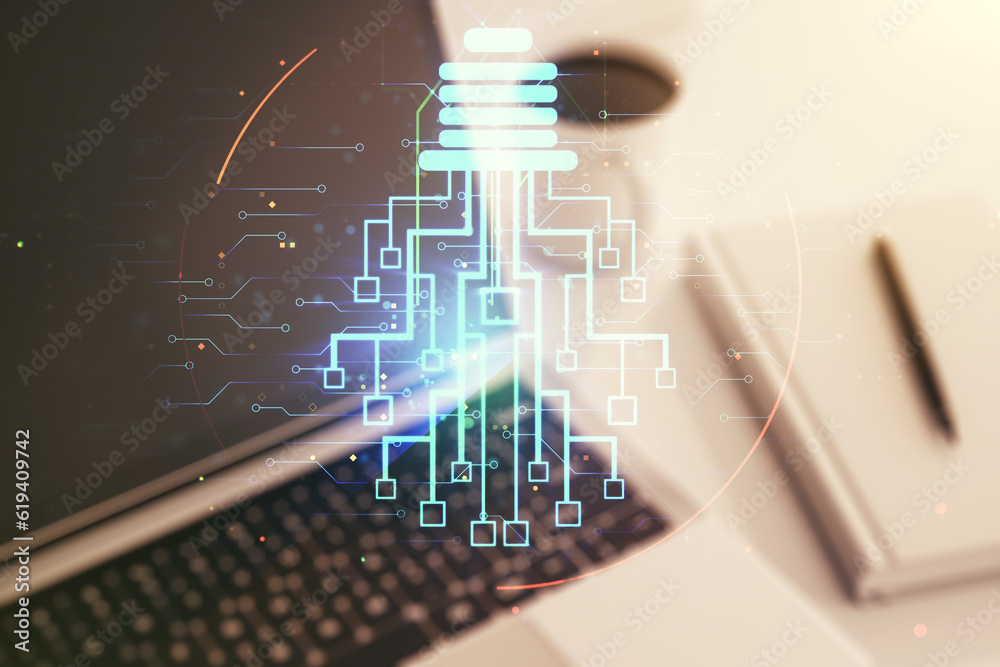 Aufkleber Creative idea concept with light bulb and microcircuit illustration on modern laptop background. Neural networks and machine learning concept. Multiexposure