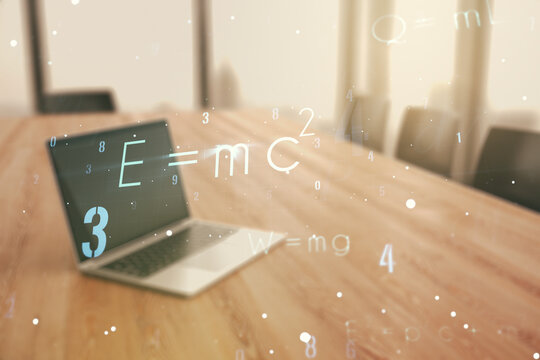 Creative scientific formula hologram on modern laptop background, research concept. Multiexposure