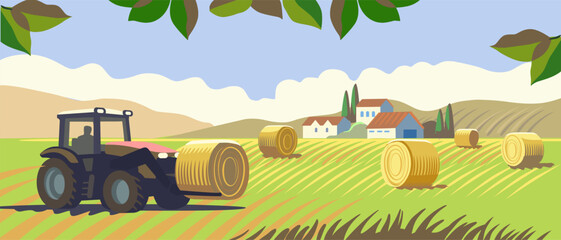Tractor with hay. Rural farm landscape