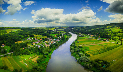Panorama of San river valley near Dynow. Podkarpackie voivodeship. Summer nature landscape. Drone...