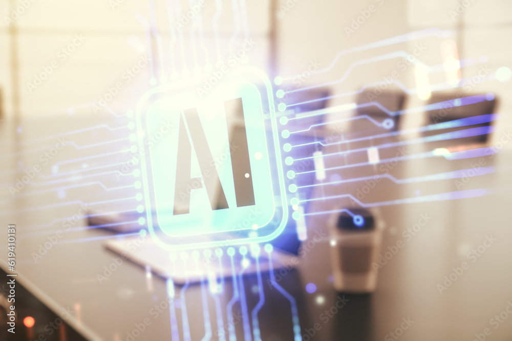 Aufkleber double exposure of creative artificial intelligence icon with modern laptop on background. neural ne