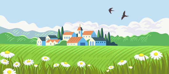Farm Cartoon. Rural countryside landscape with meadow
