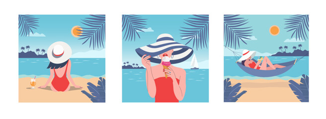Beach scenes. Happy girl with ice cream, cocktail in the hammock . Vector flat cartoon illustration