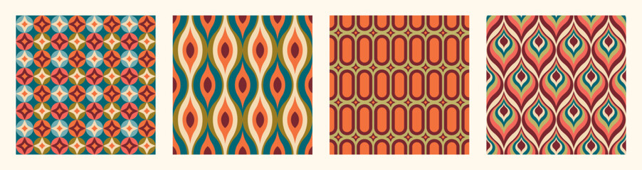 Set of Aesthetic mid century printable seamless pattern with retro design. Decorative 50`s, 60's, 70's style Vintage modern background in minimalist mid century style for fabric, wallpaper or wrapping