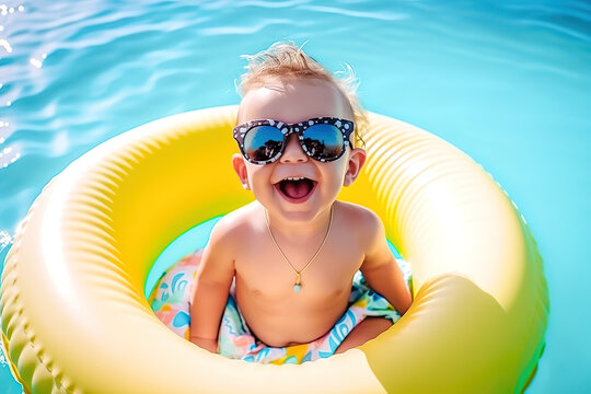 overjoyed laughing smiling exited child in swimming pool floating on swimming ring, Little girl having fun on family summer vacation in tropical hotel resort, tourism, generative ai.
