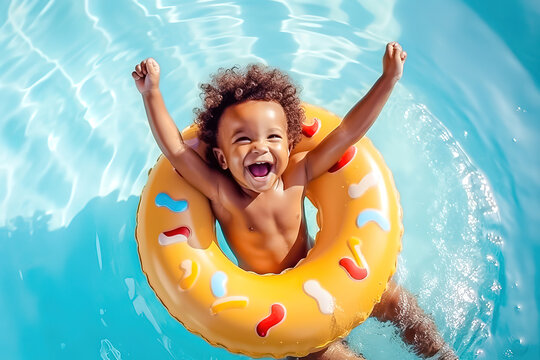 black overjoyed laughing smiling exited child in swimming pool floating on swimming ring, Little girl having fun on family summer vacation in tropical hotel resort, tourism, generative ai.