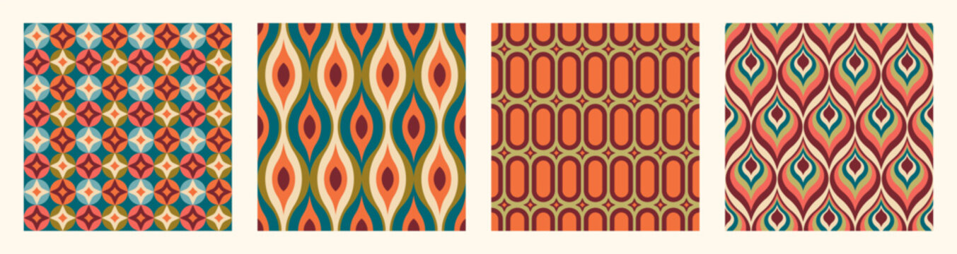 Set of Aesthetic mid century printable seamless pattern with retro design. Decorative 50`s, 60's, 70's style Vintage modern background in minimalist mid century style for fabric, wallpaper or wrapping