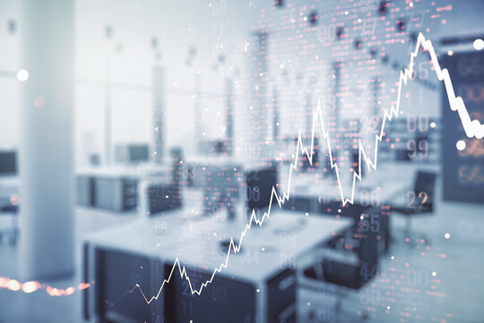 Double exposure of abstract creative financial diagram and world map on a modern furnished office interior background, banking and accounting concept