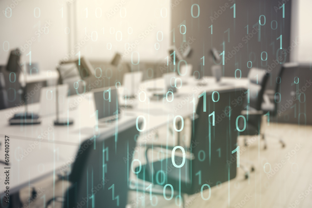 Aufkleber Abstract virtual binary code hologram on a modern furnished classroom background, AI and machine learning concept. Multiexposure