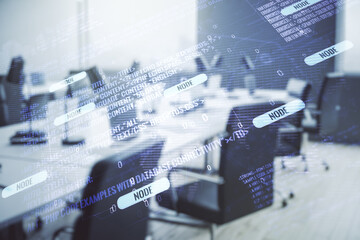 Multi exposure of abstract creative coding sketch and world map on a modern furnished office background, artificial intelligence and neural networks concept