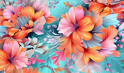  a painting of a bunch of flowers on a blue background.  generative ai