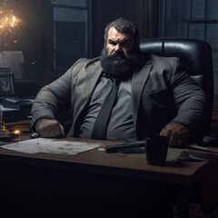 Photo of a angry boss working at a desk in a dimly lit office .generative ai