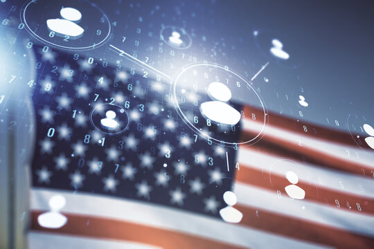 Abstract virtual social network concept on US flag and blue sky background. Multiexposure