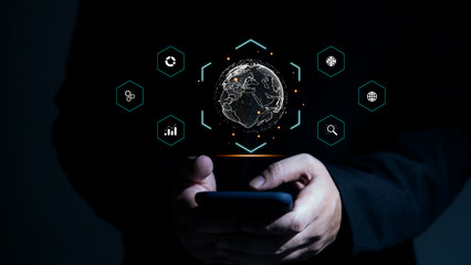 Big data and analytics visualization technology with scientist analyzing information structure on virtual screen, machine learning to extract predictions for business, finance, internet of things, iot