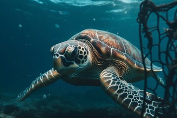 Obraz premium A turtle with nets swim in the ocean, plastic pollution. Global Warming. Generative AI Technology