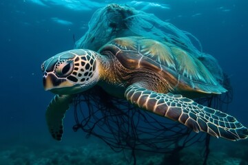 A turtle with nets swim in the ocean, plastic pollution. Global Warming. Generative AI Technology