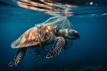 A turtle with nets swim in the ocean, plastic pollution. Global Warming. Generative AI Technology