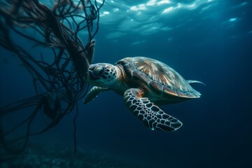 Fototapeta premium A turtle with nets swim in the ocean, plastic pollution. Global Warming. Generative AI Technology