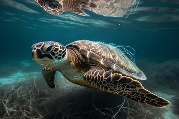 Obraz premium A turtle with nets swim in the ocean, plastic pollution. Global Warming. Generative AI Technology