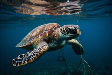 Fototapeta premium A turtle with nets swim in the ocean, plastic pollution. Global Warming. Generative AI Technology