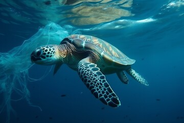 Fototapeta premium A turtle with nets swim in the ocean, plastic pollution. Global Warming. Generative AI Technology