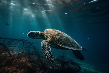 Obraz premium A turtle with nets swim in the ocean, plastic pollution. Global Warming. Generative AI Technology