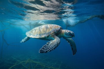 Fototapeta premium A turtle with nets swim in the ocean, plastic pollution. Global Warming. Generative AI Technology