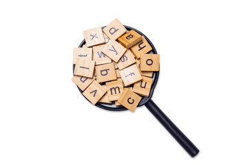 English alphabet made of square wooden tiles with the English alphabet scattered on white...