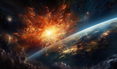  a view of the earth from space with a bright explosion.  generative ai