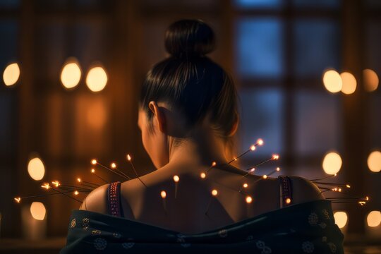 Oriented precide image of acupuncture needless on a woman. Generative AI Technology
