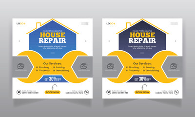 Construction renovation handyman house repair social media post and web banner template