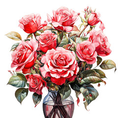 watercolor painting of  red roses in a vase isolated against transparent