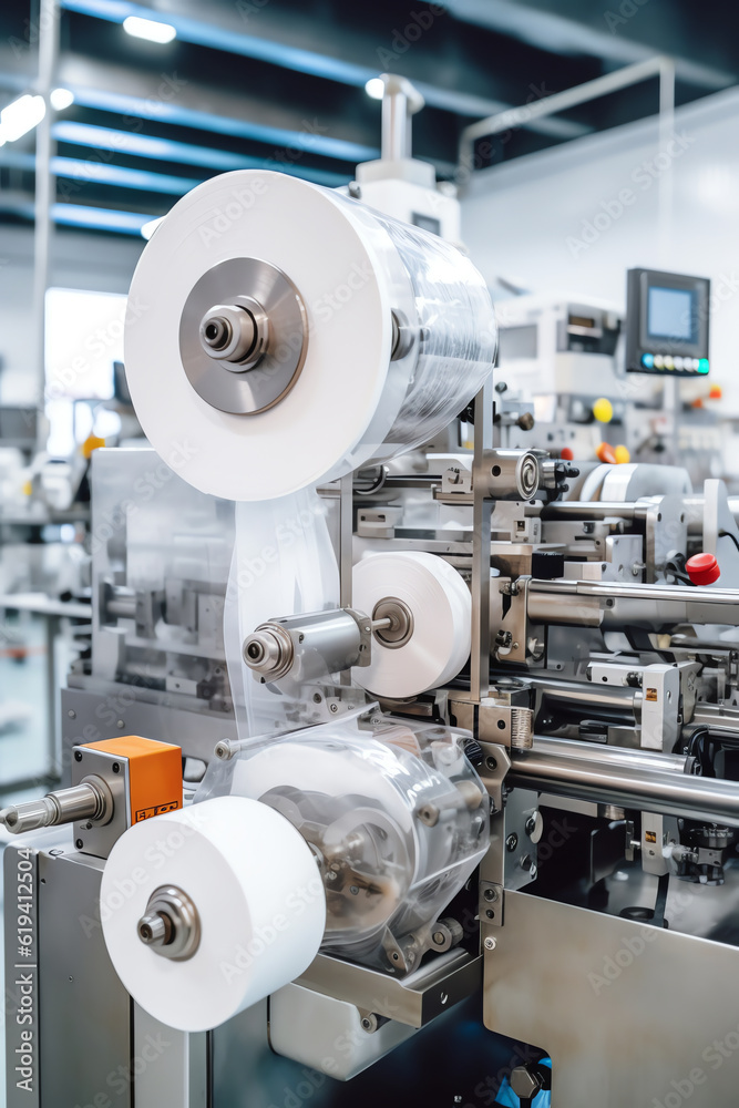 Poster Generative AI : Modern strapping and transporting machine for packaging line at beverage plant.