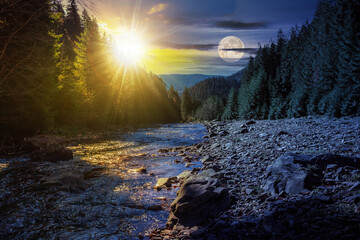 day and night time change concept. autumn landscape with sun and moon at twilight. rocky shore of...