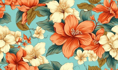  a floral pattern with orange and white flowers on a blue background.  generative ai