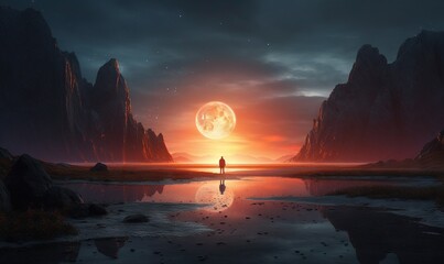  a person standing on a beach in front of a full moon.  generative ai
