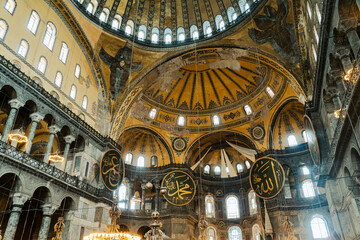 Fototapeta na wymiar The Hagia Sophia (also called Hagia Sofia or Ayasofya) interior architecture, famous Byzantine landmark and world wonder in Istanbul after renovation, Turkey