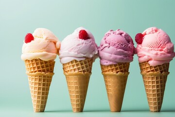 Colorful Background with Fruit Ice Cream in Cone. Generative AI