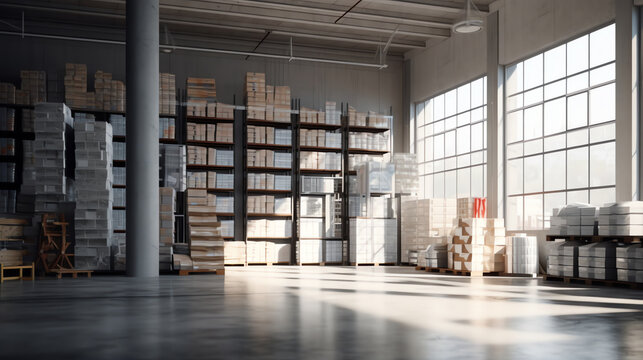 Generative AI : 3d rendering of steel pipe product, row of shelf and concrete floor inside large warehouse building, factory or store for product display background of steel production industry and ma