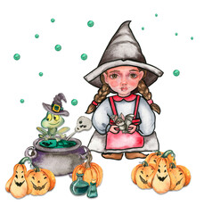 Little witch in hat composition. Watercolor hand drawn illustration. Can be used for halloween party or posters.